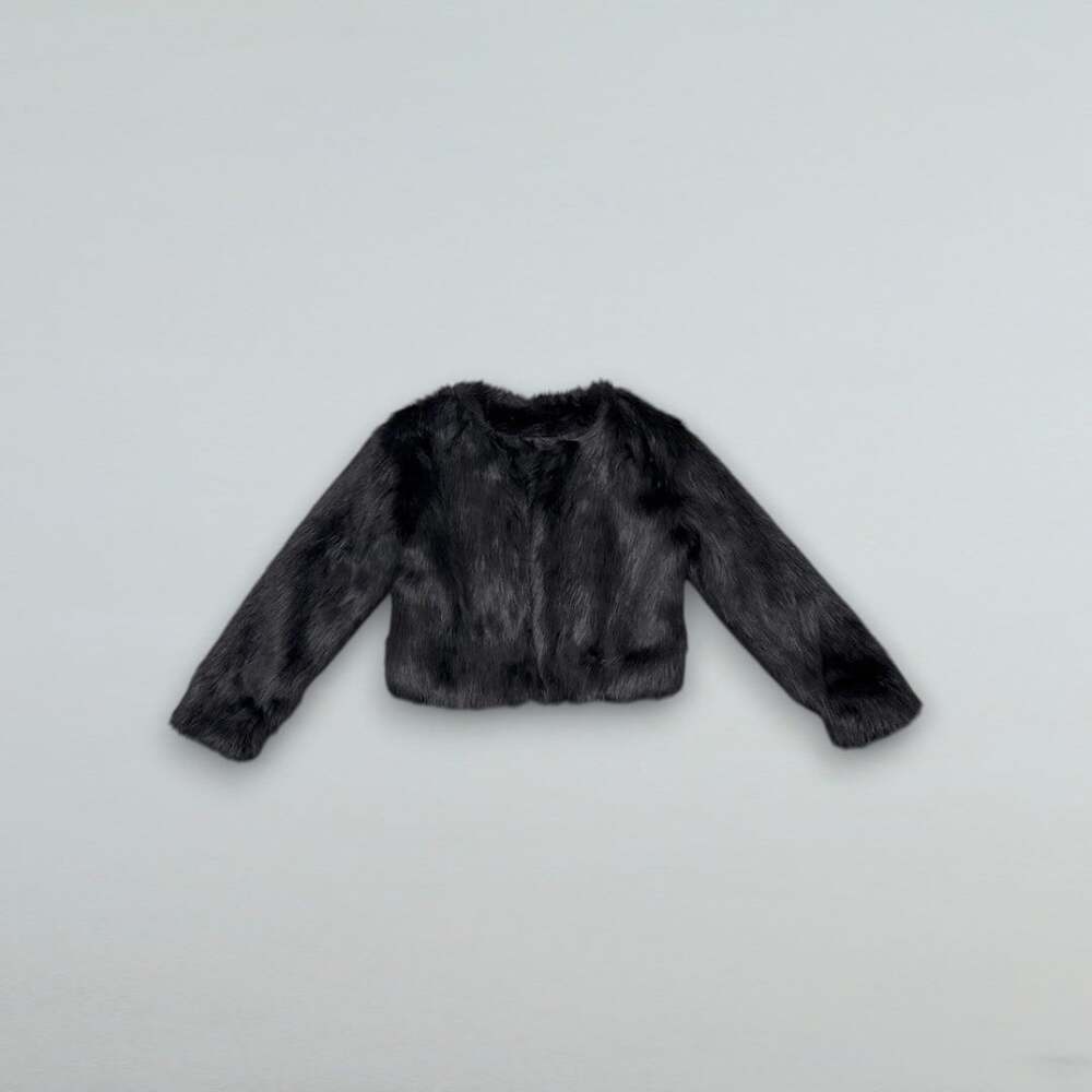 Black Faux Fur Cropped Jacket Long Sleeve Plush Winter Coat Women’s Small